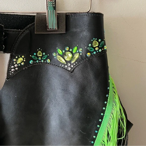 Black Leather Chaps with Green Fringe and Rhinestone Embellishments - Picture 4 of 16